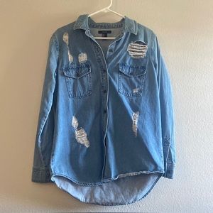Forever 21 Distressed Denim Button Down Top